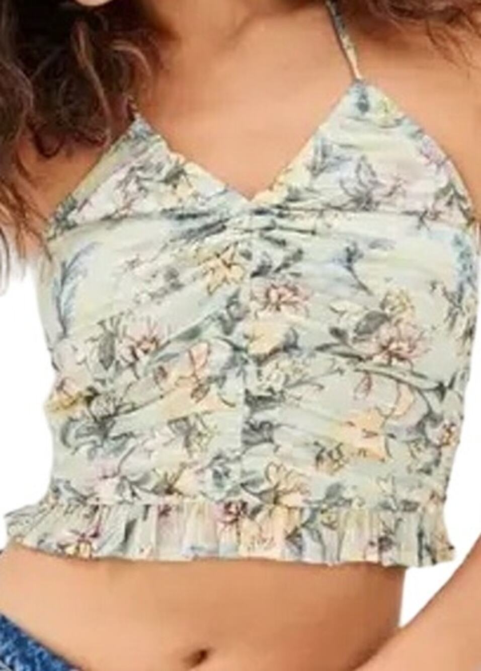American Eagle Floral Cinched Tank Top Ruffle Ruched V Neck Green Small